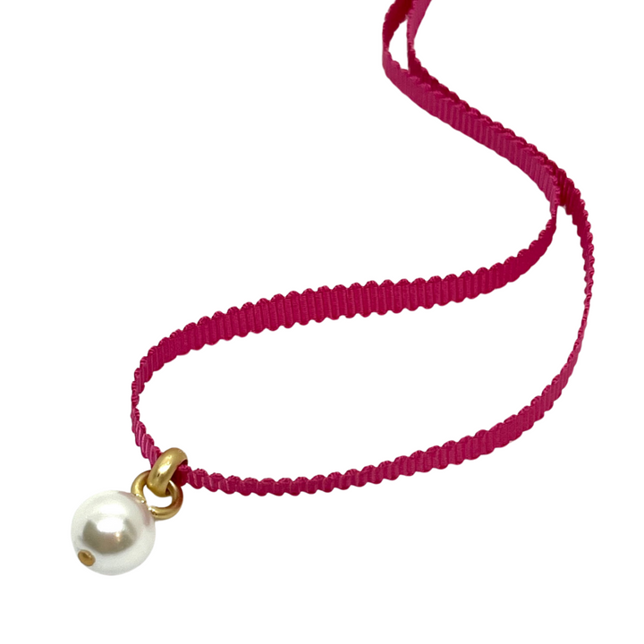 Pearl Pendant on Hot Pink Grosgrain Ribbon Necklace