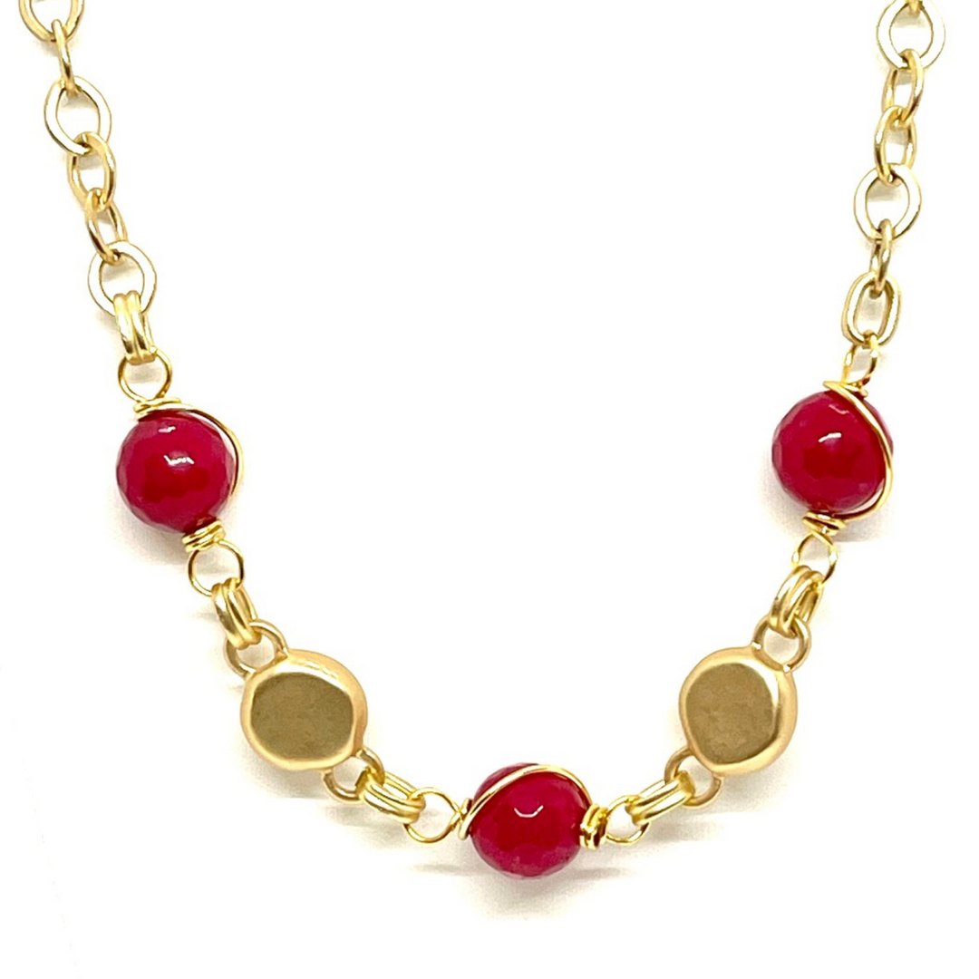 Red Jade Wire Wrapped Matte Gold Necklace