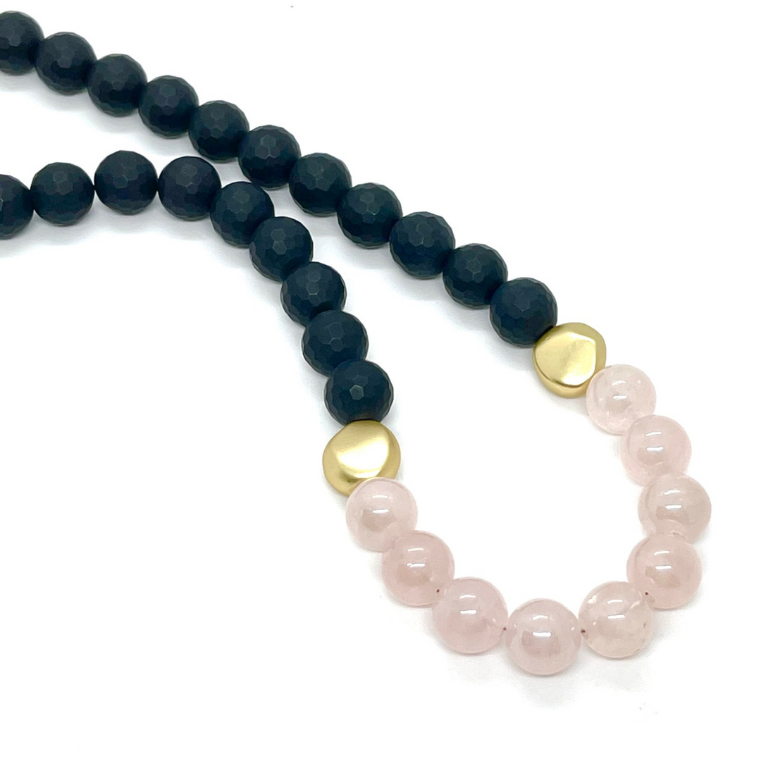 Matte Black Onyx And Rose Quartz Front Accent Necklace With Matte Gold Beads