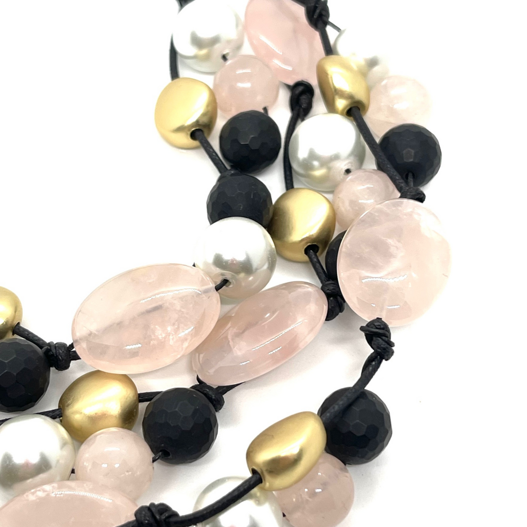 Rose Quartz, White Pearl and Black Onyx Torsade