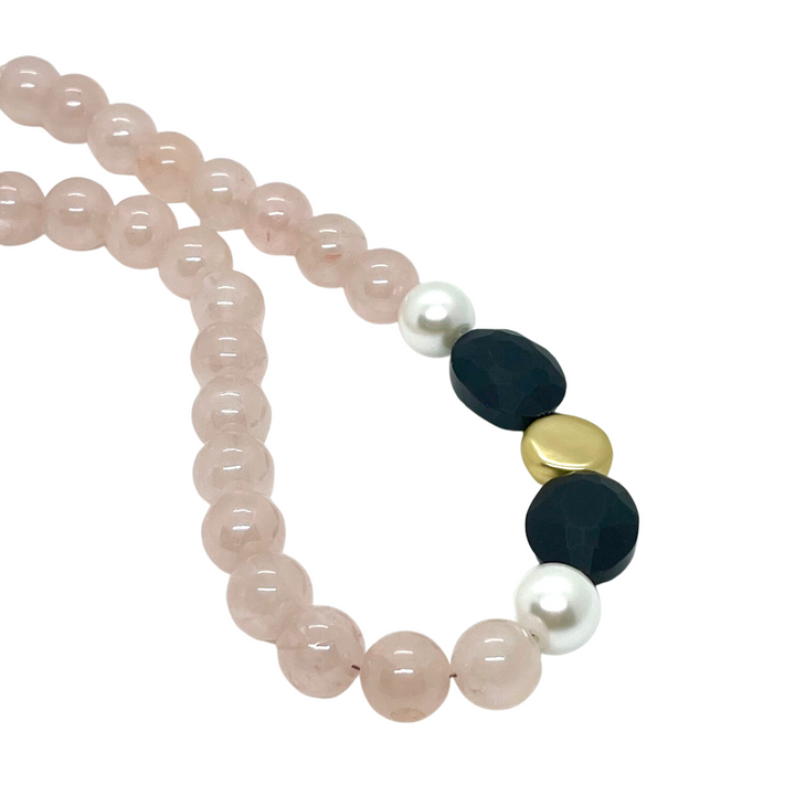 Rose Quartz And Matte Black Crystal With Gold Side Accent Necklace