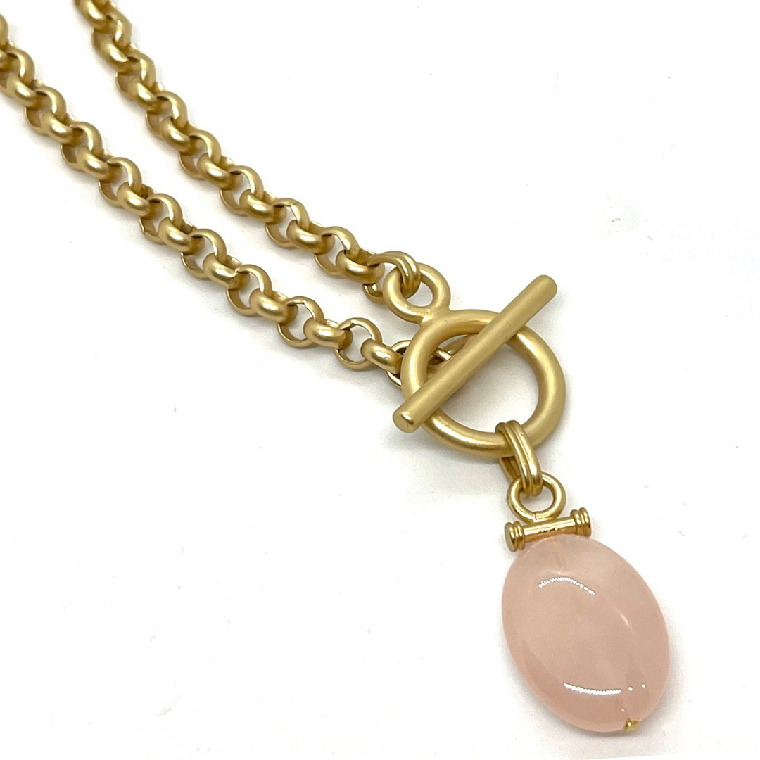 Rose Quartz Bar Pendant Matte Gold Chain Necklace