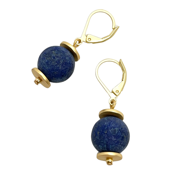 Lapis and Matte Gold Lever Back Earrings