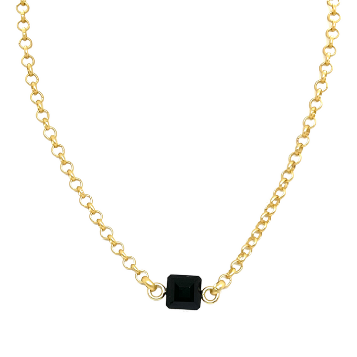 Square Black Crystal On Matte Gold Chain Necklace