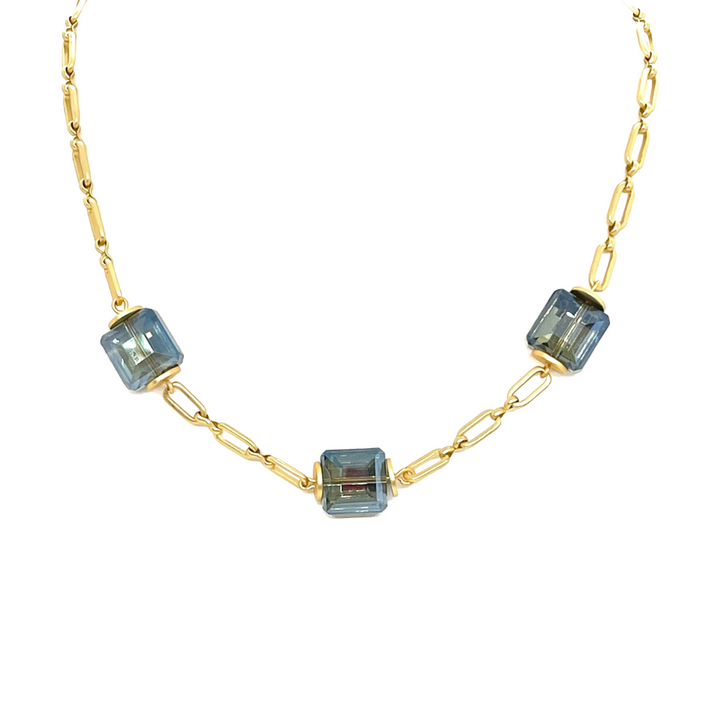 Square Blue Crystals On Matte Gold Chain Necklace