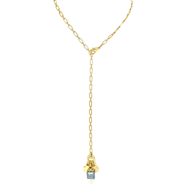 Matte Gold And Square Blue Crystal Adjustable Y Necklace