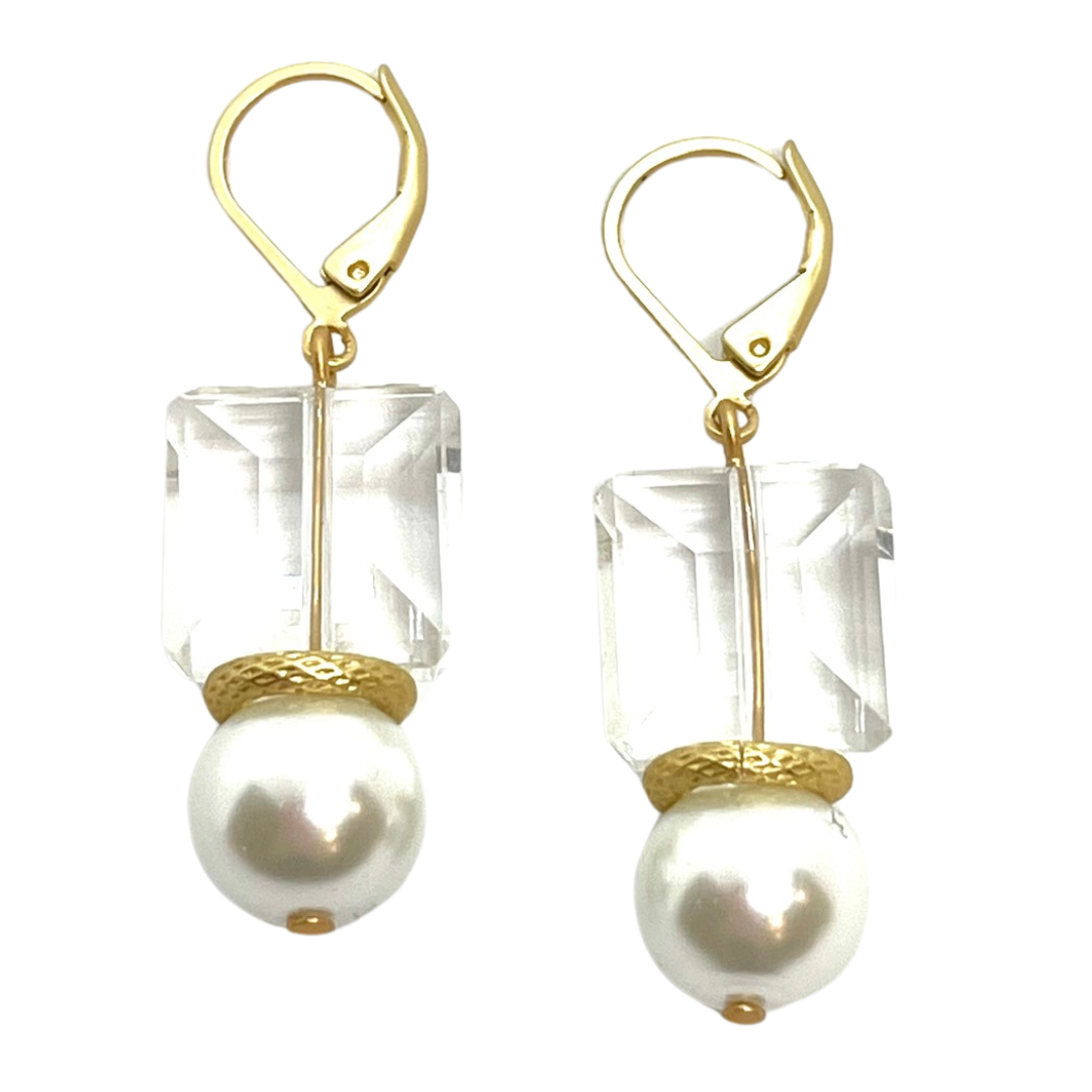 Square Clear Crystal And Glass Pearl Matte Gold Earrings