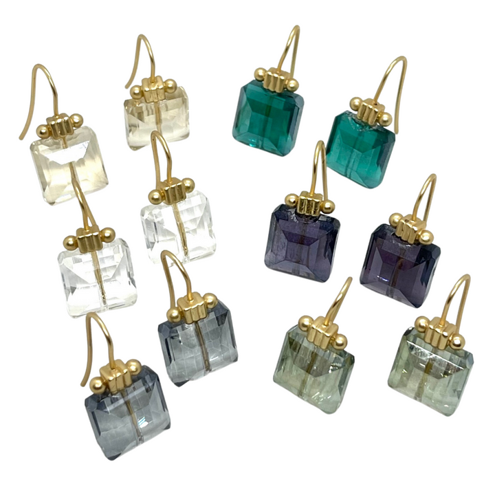 Square Light Smoke Crystal Matte Gold Column Earrings