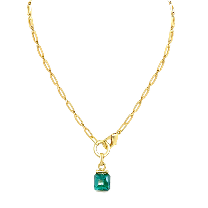 Square Emerald Green Crystal Front Closure Necklace On Matte Gold Chain