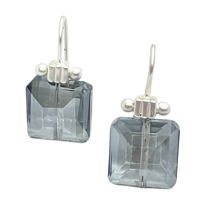 Square Grey Crystal Matte Silver Column Earrings