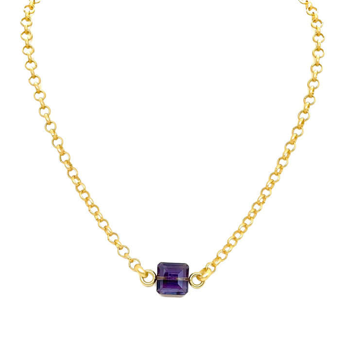 Square Purple Crystal On Matte Gold Chain Necklace