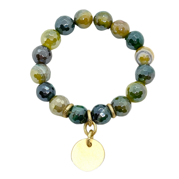 Teal Glazed Agate Matte Gold Charm Stretch Bracelet