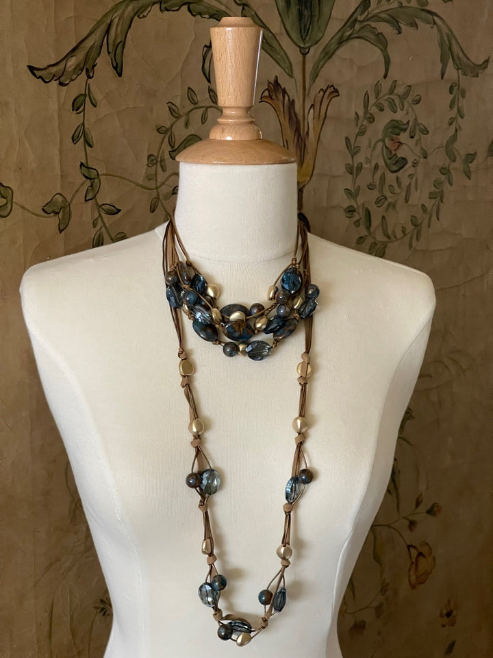 Teal Composite Quartz Matte Gold Bead Suede Layer Necklace