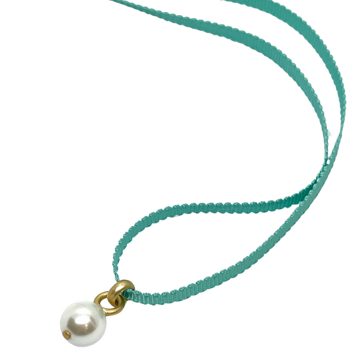 Pearl Pendant on Turquoise Grosgrain Ribbon Necklace