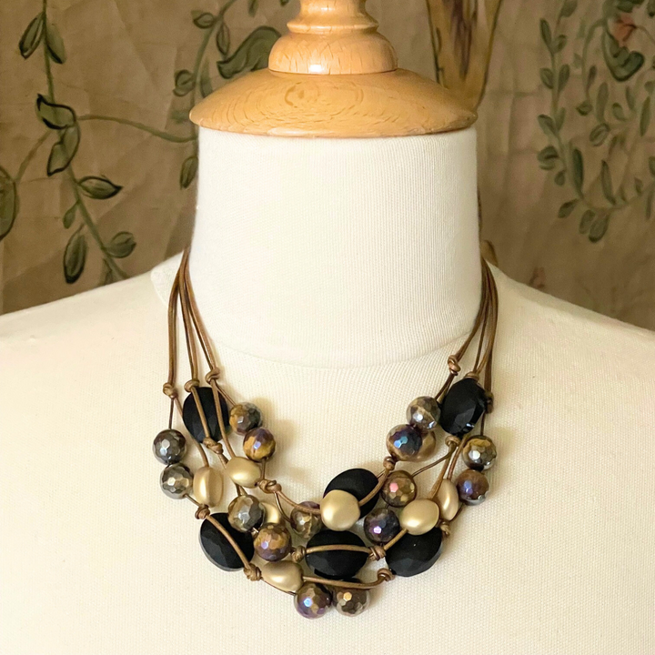 Matte Black Crystal, Brown Tigers Eye on Bronze Linen And Leather Torsade Necklace