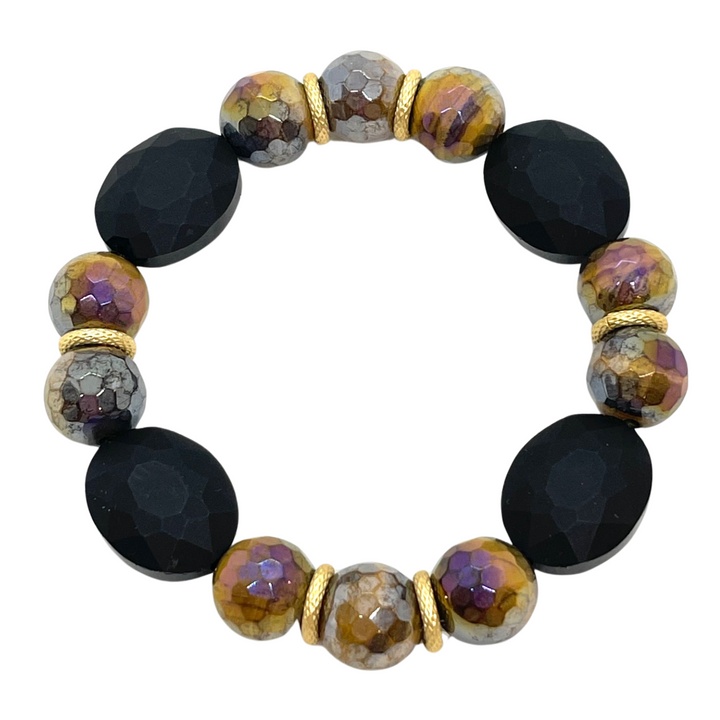 Matte Black Crystal Oval With Tigers Eye Stretch Bracelet