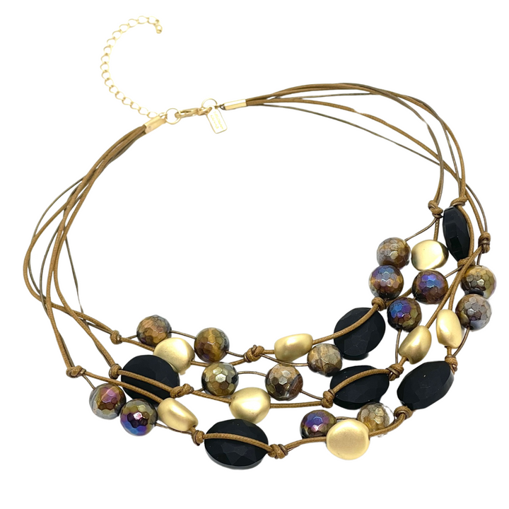 Matte Black Crystal, Brown Tigers Eye on Bronze Linen And Leather Torsade Necklace