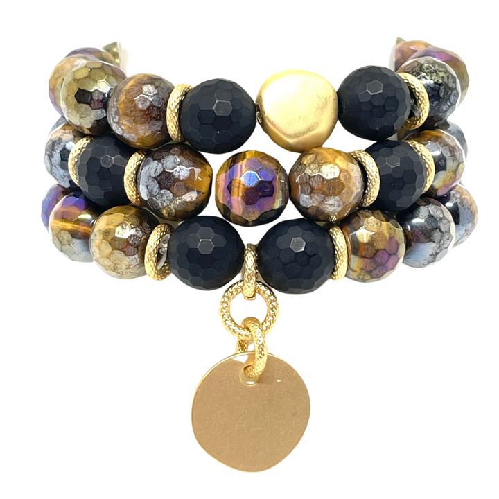 Tigers Eye, Black Onyx, And Gold Nugget Stretch Bracelet