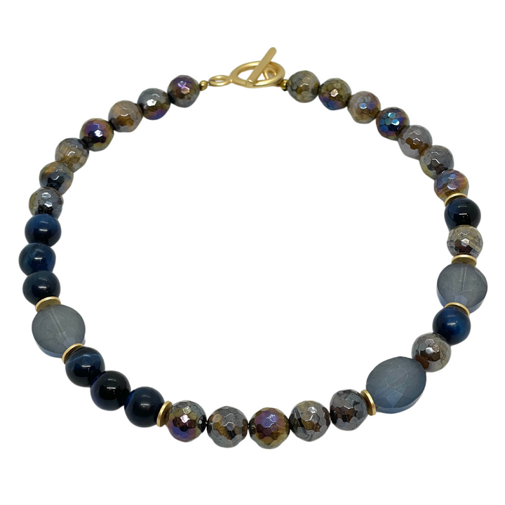 Tiger's Eye, Blue Tiger's Eye, and Matte Blue Crystal Necklace