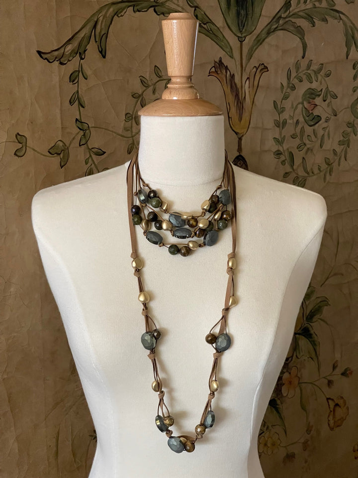 Matte Olive Crystal and Tigers Eye Long Necklace On Bronze Suede and Leather