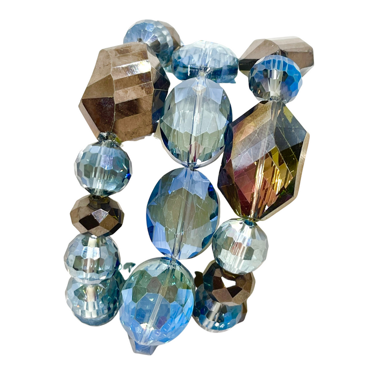 Metallic Brown Hexagon and Blue Disco Ball Stretch Bracelet