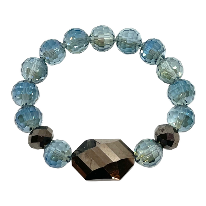 Metallic Brown Hexagon and Blue Disco Ball Crystal Stretch Bracelet