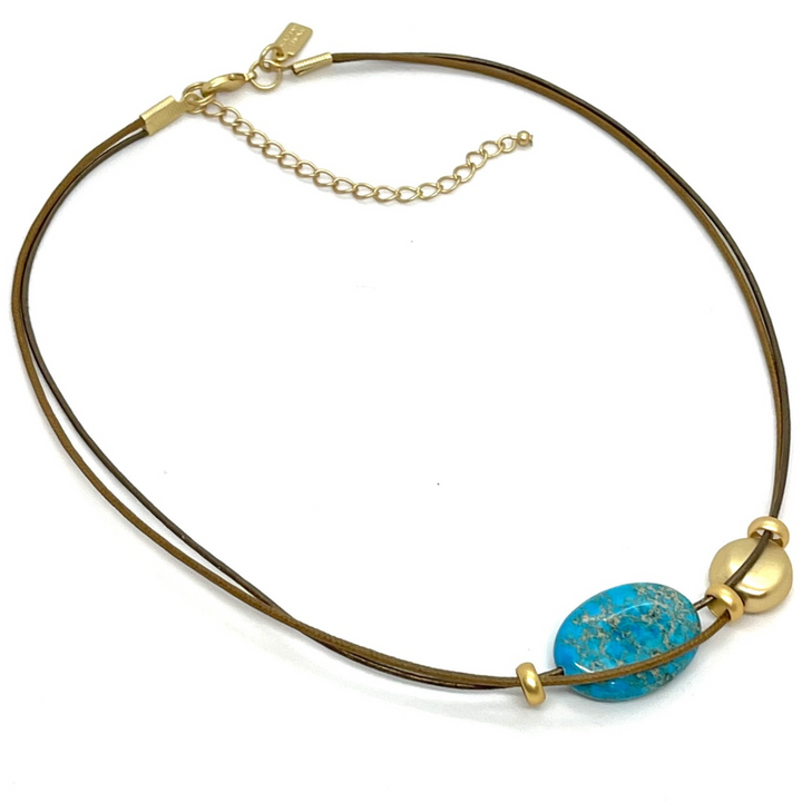 Turquoise Aqua Terra and Matte Gold Nugget Necklace on Bronze