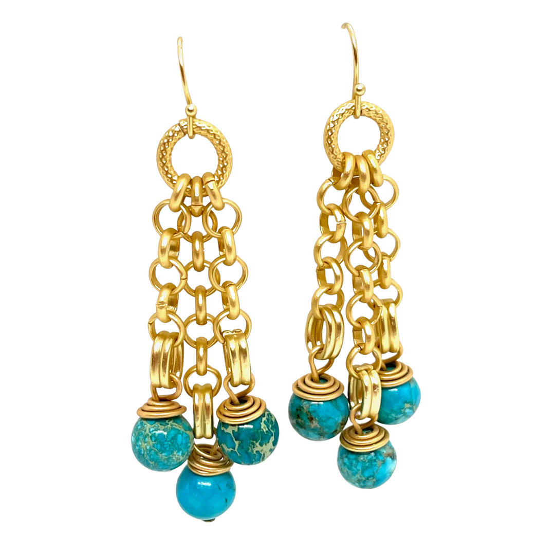 Turquoise Aqua Terra Three Strand Matte Gold Rolo Chain Earrings