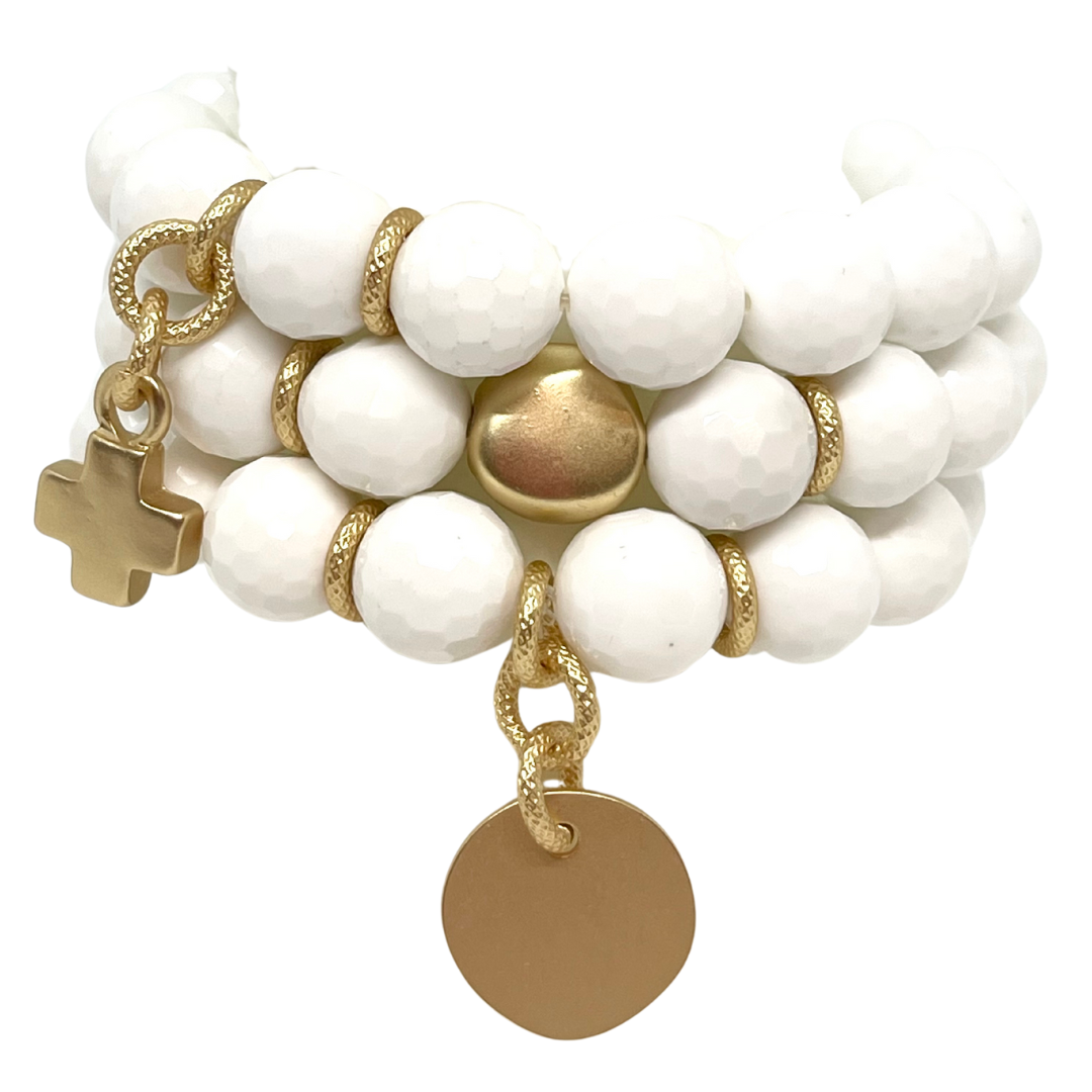 White Jade Stretch Bracelet with Matte Gold Disc Charm