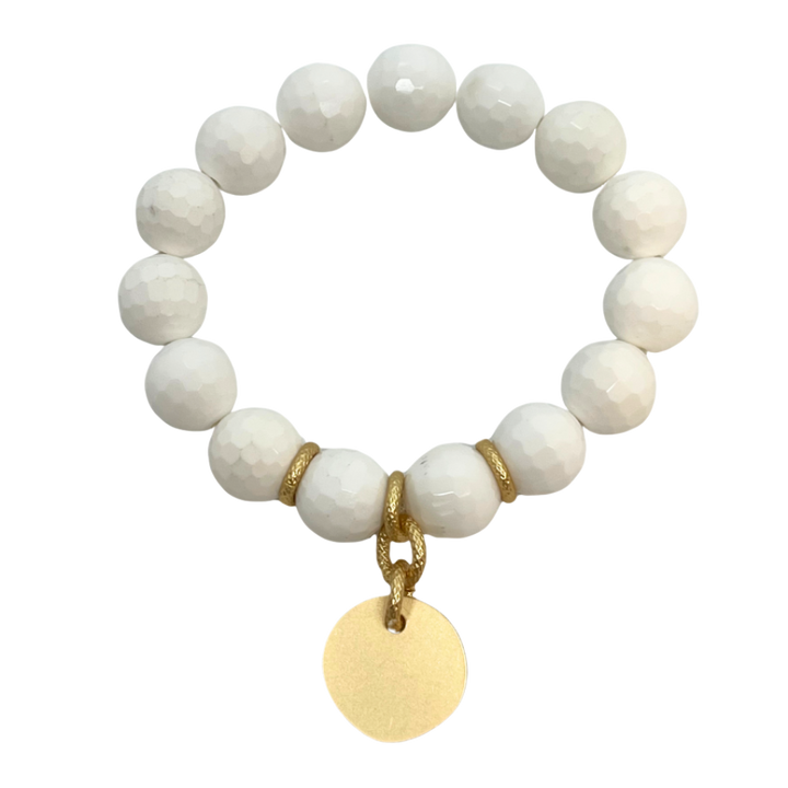 White Jade Stretch Bracelet with Matte Gold Disc Charm