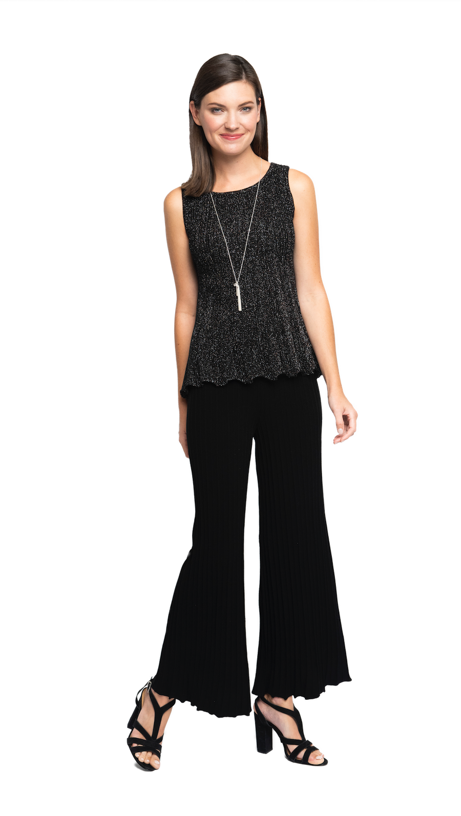 Molly Shimmer Sleeveless Pleated Swing Top; Black Silver