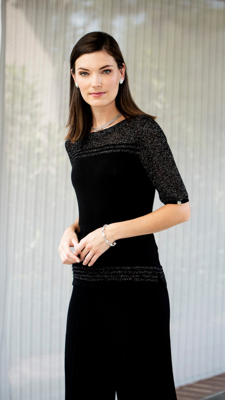 Bella Short Sleeved Top with See-Through Detail on Shoulders and Sleeves; Black/ Blk Shimmer