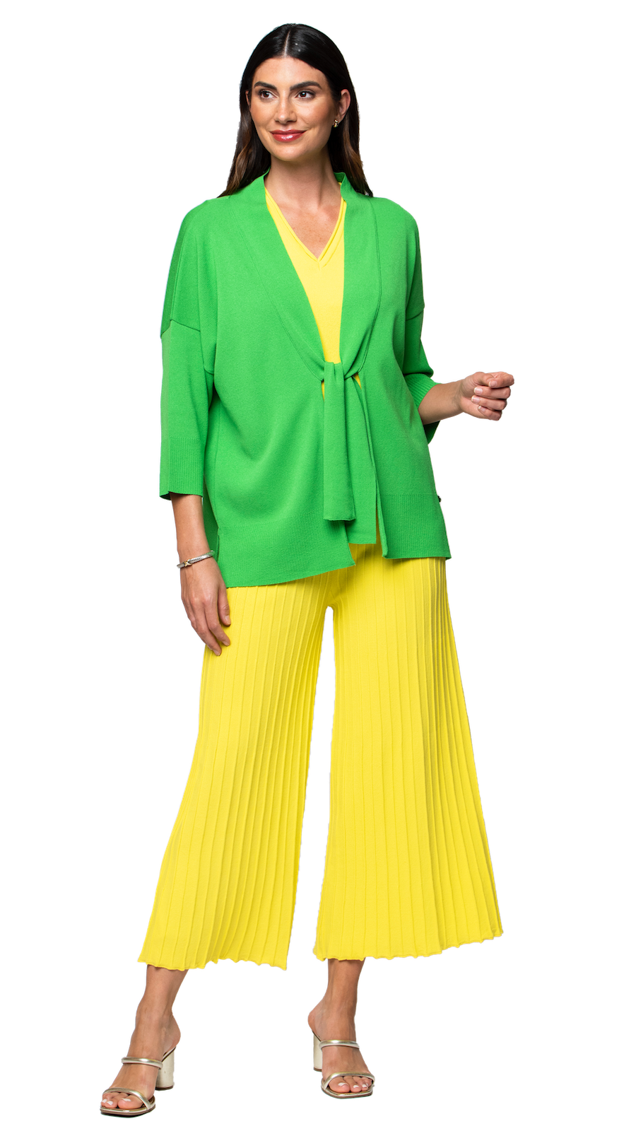 Malia Three-Quarter Sleeved Front-Tie Cardigan; Bright Green