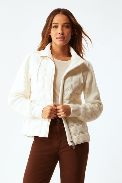 Puffer Jacket With Knit Sleeves - Cream