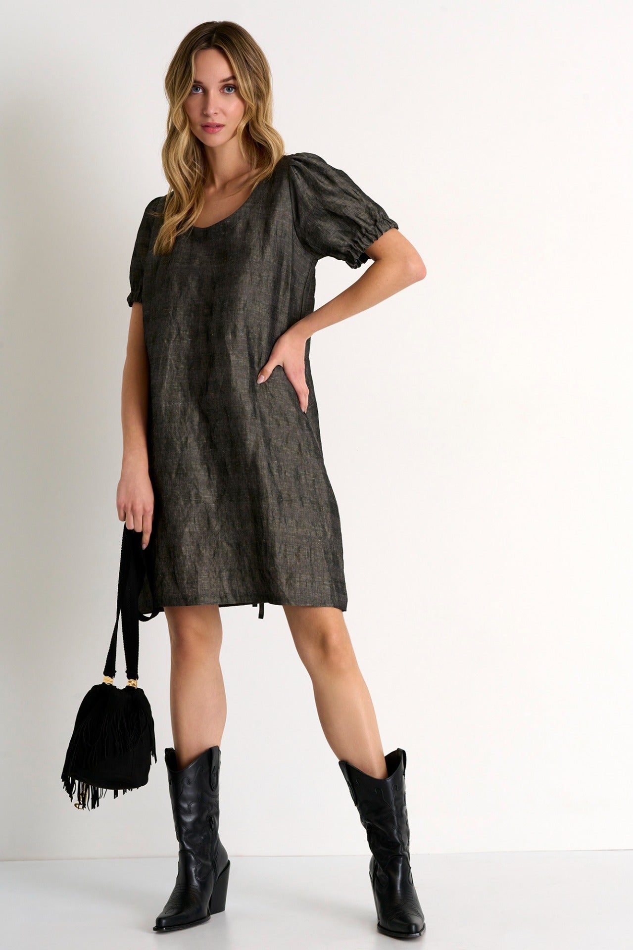 Puff Sleeve Dress - 52338-65-160 02 / 160 Grey / 60% VISCOSE, 40% LINEN