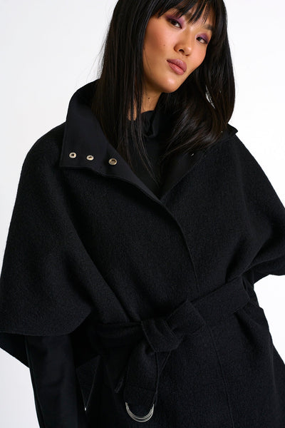 Cape-Style Wool Coat - 52376-73-800 02 / 800 Caviar / 100% WOOL