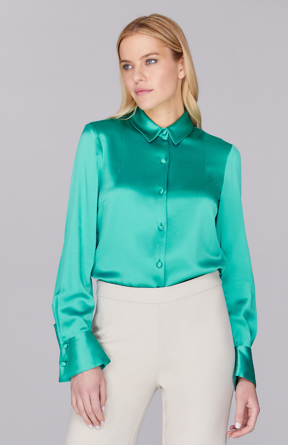 Satin Button Down Collared Shirt w/Relaxed Sleeve